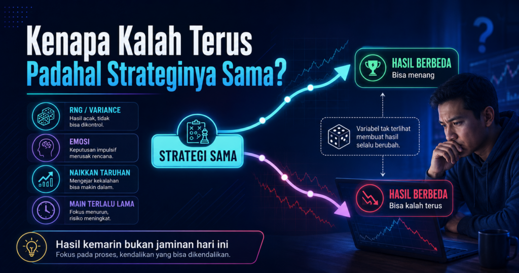 Ilustrasi strategi yang sama dapat menghasilkan kemenangan atau kekalahan berbeda karena RNG, emosi, dan perubahan cara bermain