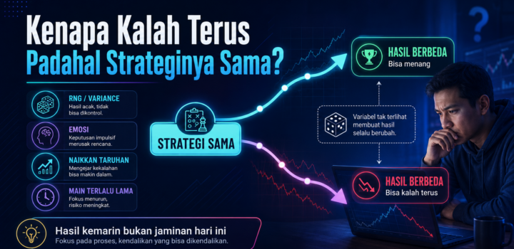 Ilustrasi strategi yang sama dapat menghasilkan kemenangan atau kekalahan berbeda karena RNG, emosi, dan perubahan cara bermain